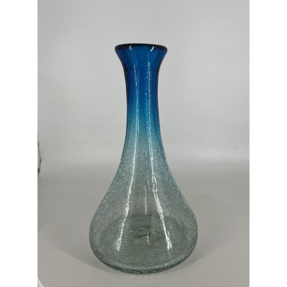 CRACKLE GLASS  Decanter Wine Carafe Flower Vase Blue Turquoise And Clear 10”Tall - Picture 1 of 7